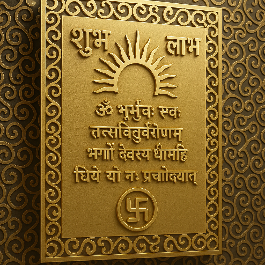 Gayatri Mantra Wall Plaque – Golden Finish (शुभ लाभ Design)