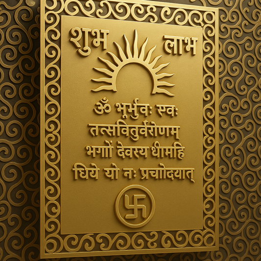 Gayatri Mantra Wall Plaque – Golden Finish (शुभ लाभ Design)
